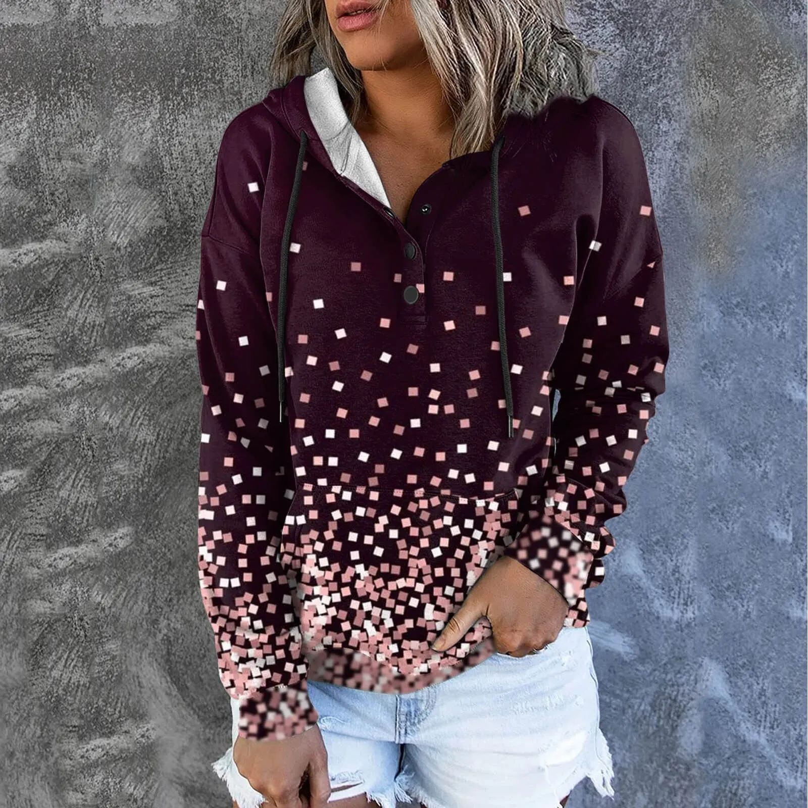 Amy Fashion - Casual Drawstring Button Sequins Printed Hooded Sweatshirts