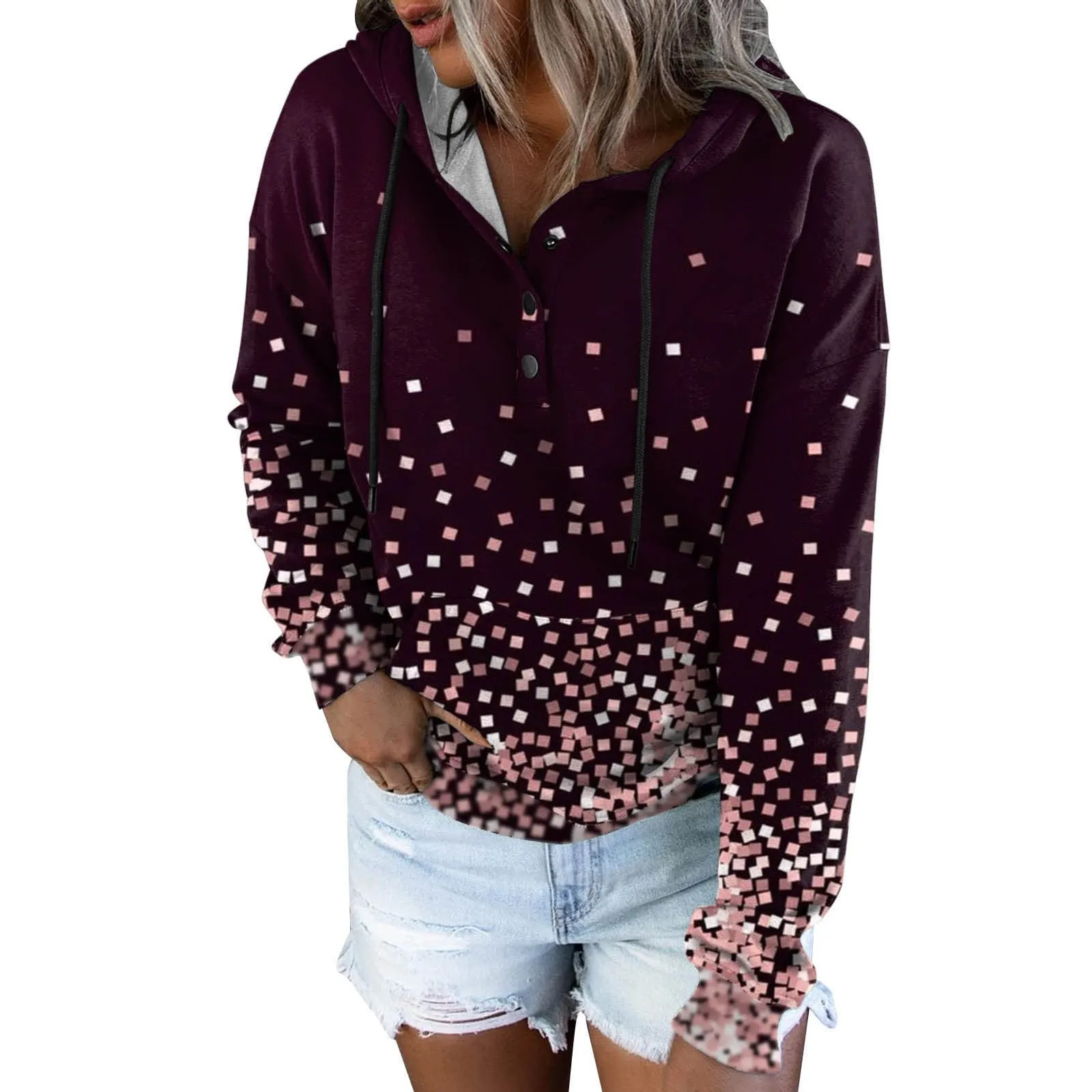 Amy Fashion - Casual Drawstring Button Sequins Printed Hooded Sweatshirts