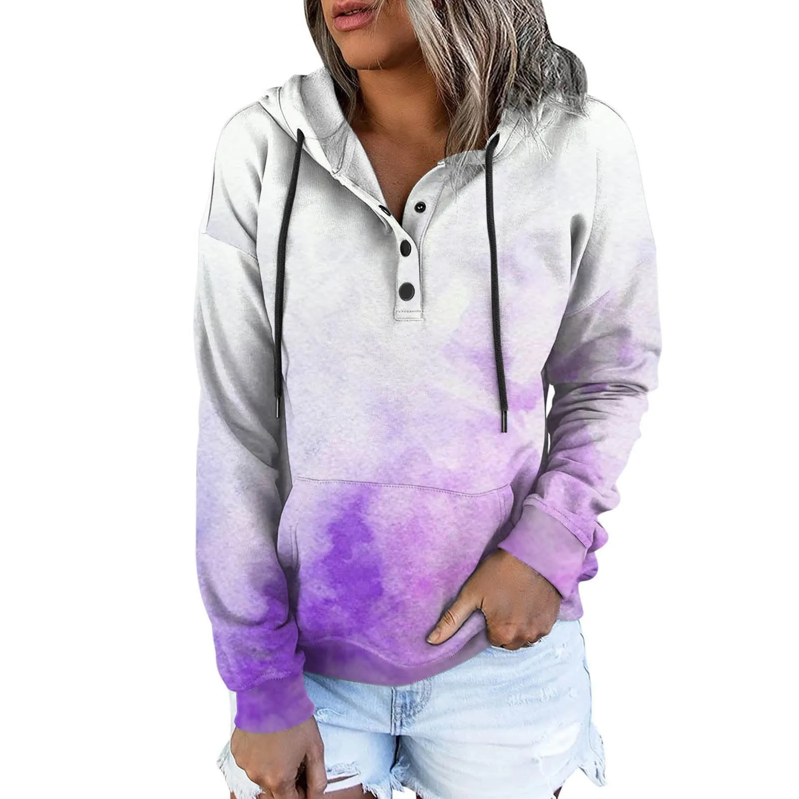 Amy Fashion - Casual Drawstring Button Sequins Printed Hooded Sweatshirts