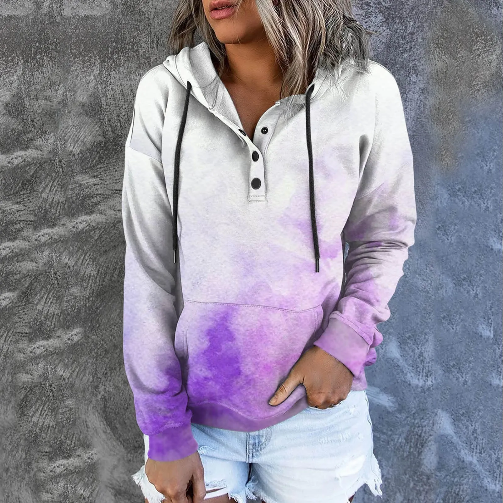 Amy Fashion - Casual Drawstring Button Sequins Printed Hooded Sweatshirts