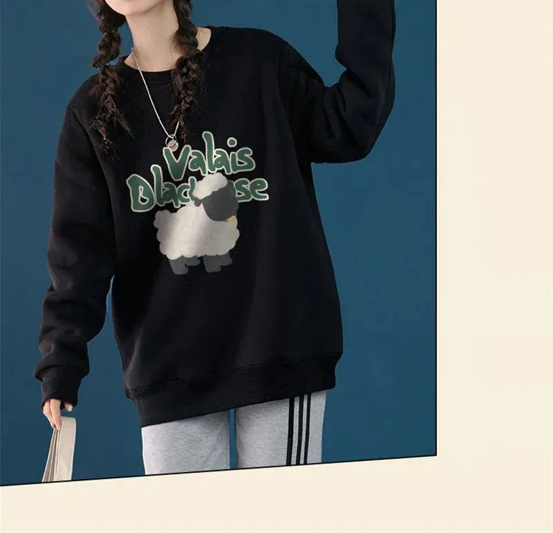 Autumn Winter Women Casual Loose Sweatshirts Lambswool Thicken Thermal Sweatshirts Women Printed Cute Fleece Warm Hoodies 2023