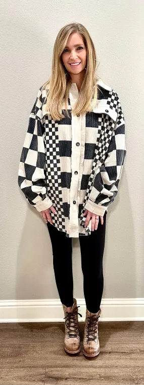 Black & White Checker Print Corduroy Shacket