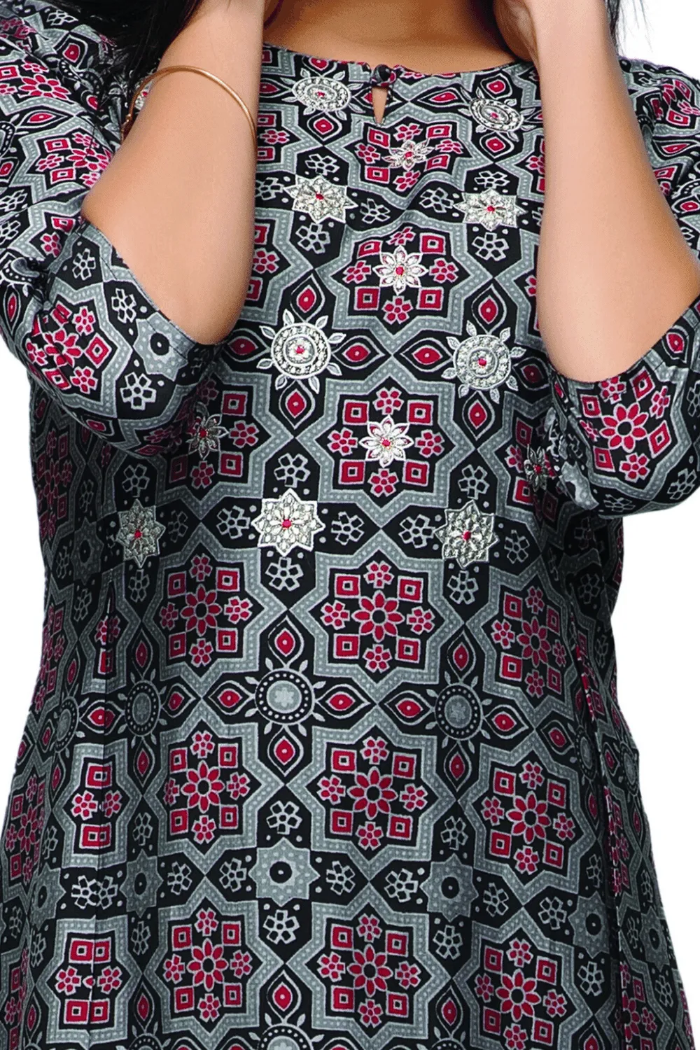 Black with Digital Print, Thread and Zari work Calf Length Kurti