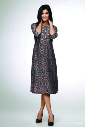 Black with Digital Print, Thread and Zari work Calf Length Kurti