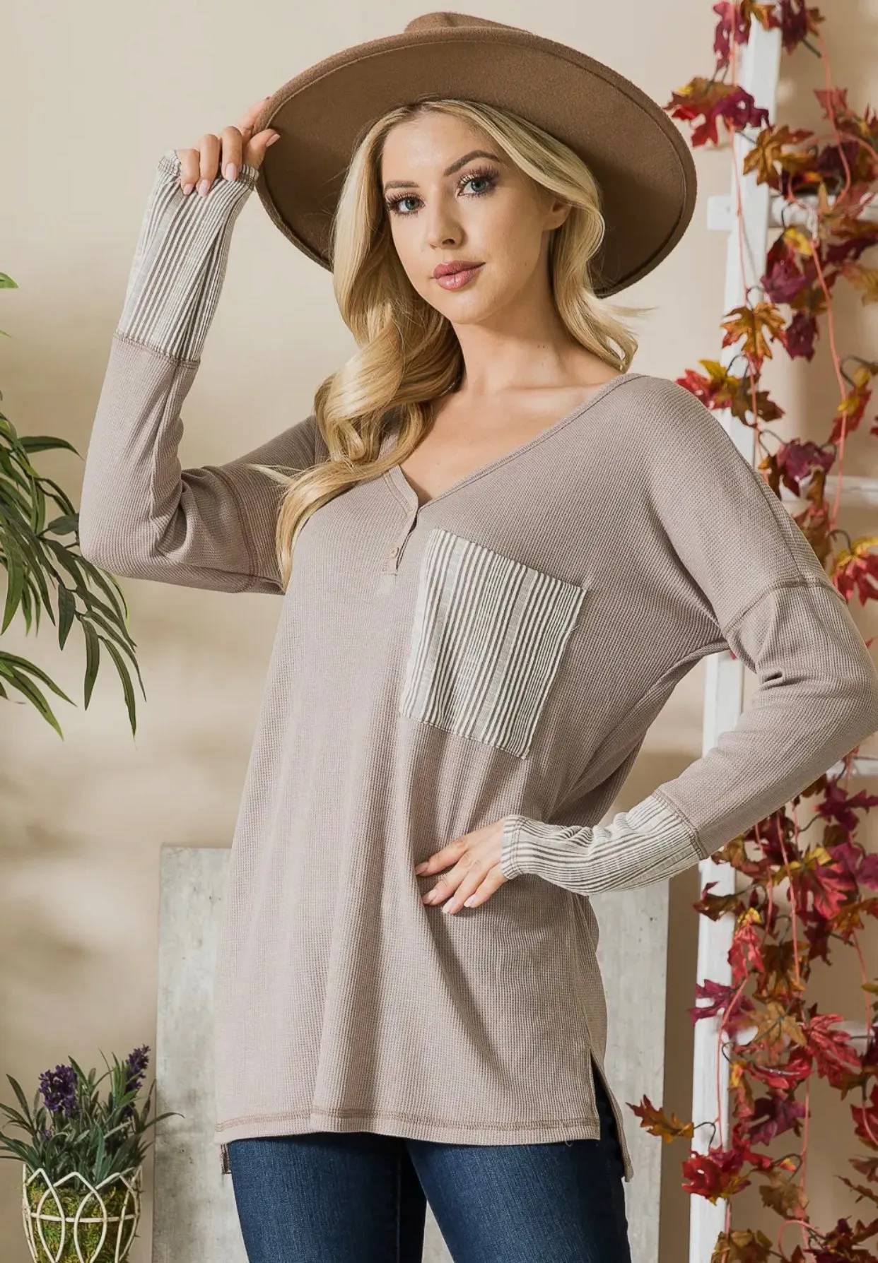 Blouse - Taupe Combo Reversed Switched Oversized Hi Low Tunic