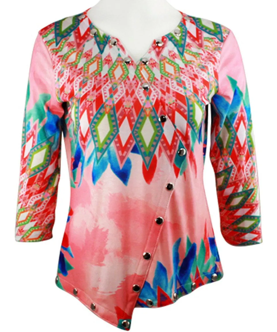 Boho Chic - Summer Daze, 3/4 Sleeve V-Neck Chrome Snap Accents Fashion Top