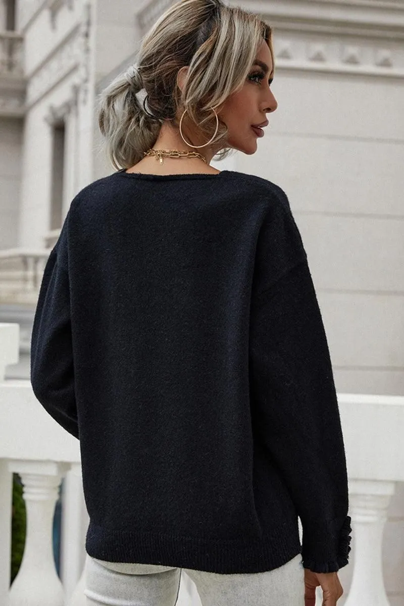 BUTTON LOOSE SOLID COLOR PULLOVER SWEATER