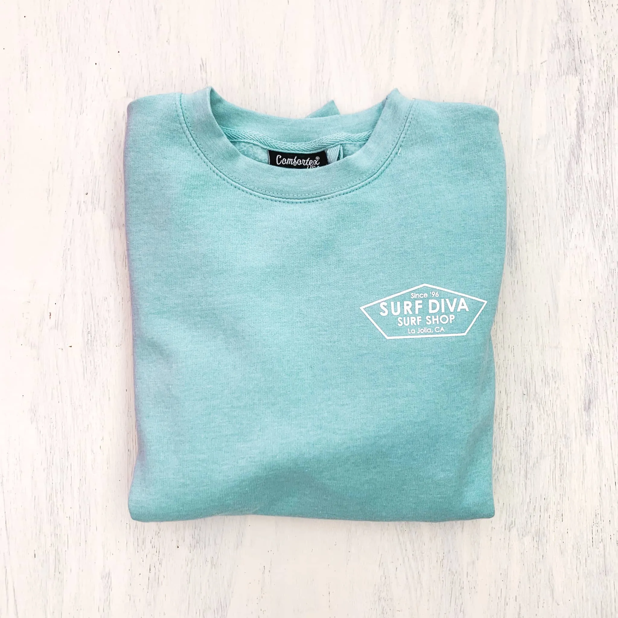 CREWNECK SWEATSHIRT with SURF DIVA SURF SHOP (sky blue)