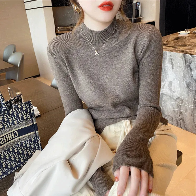 deanwangkt Autumn Winter Women Mock neck Sweaters Pullover Tops Knitwear Fashion Female Long Sleeve Skinny Elastic Casual Knitted Shirts