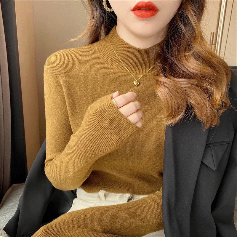 deanwangkt Autumn Winter Women Mock neck Sweaters Pullover Tops Knitwear Fashion Female Long Sleeve Skinny Elastic Casual Knitted Shirts