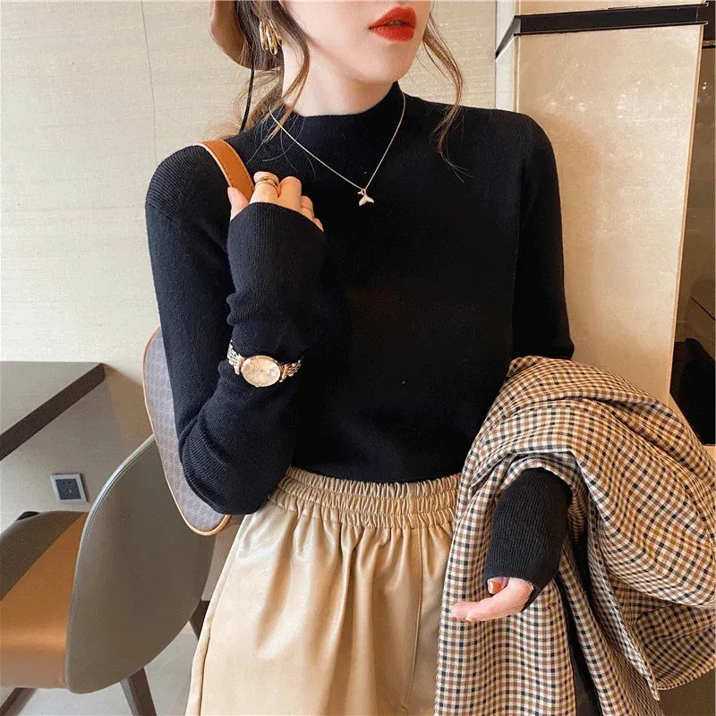 deanwangkt Autumn Winter Women Mock neck Sweaters Pullover Tops Knitwear Fashion Female Long Sleeve Skinny Elastic Casual Knitted Shirts