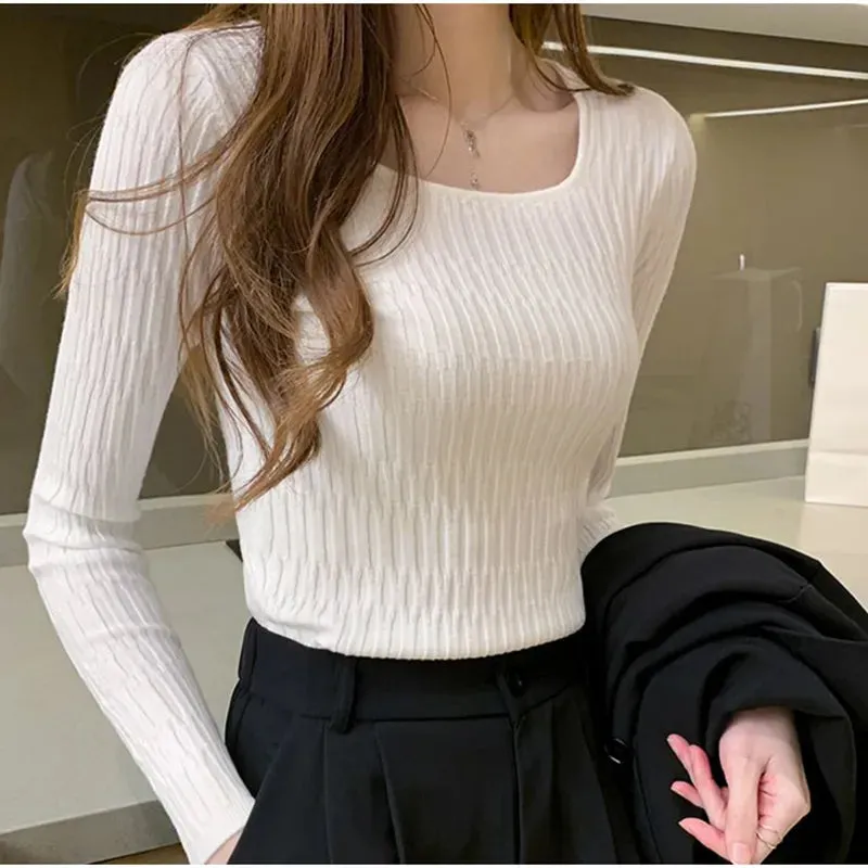 deanwangkt Women Square Collar Solid Bottoming Sweater Long Sleeve Slim Knit Pullovers Casual Office Sweater Women Fall Winter