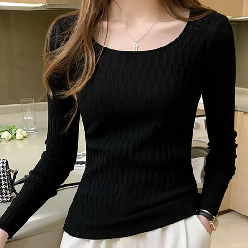 deanwangkt Women Square Collar Solid Bottoming Sweater Long Sleeve Slim Knit Pullovers Casual Office Sweater Women Fall Winter