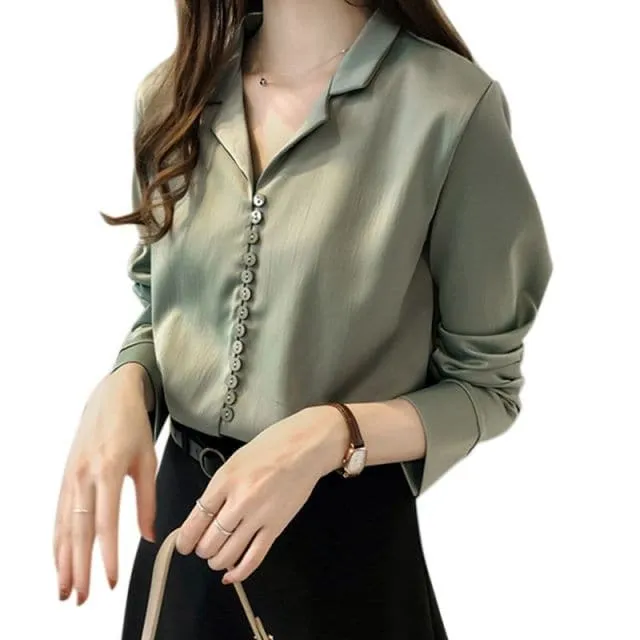 DressBetty - Woman's Social Blouse Solid V Neck Shirt Female Long Sleeve  Tunic Women Office Career Plus Size Tops 3XL 4XL