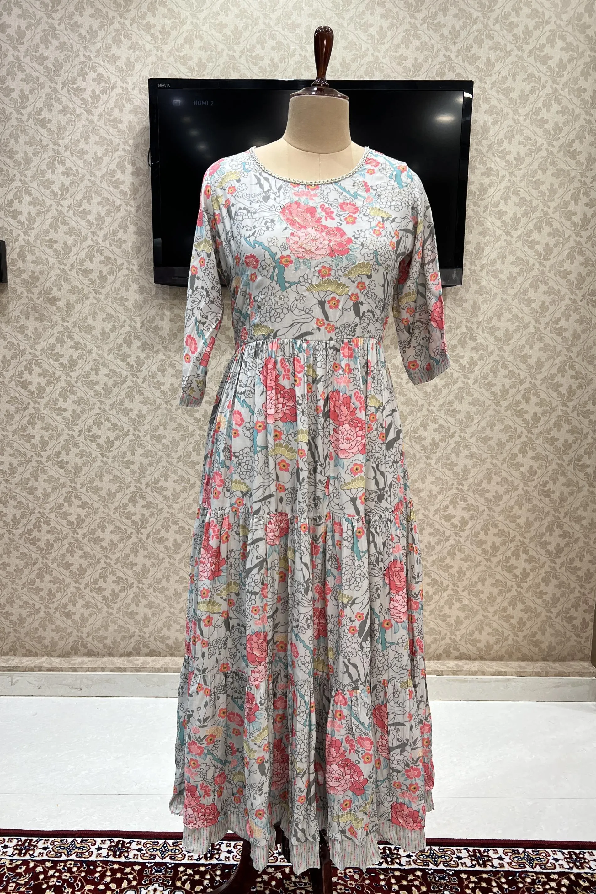 Grey Floral Print, Mirror and Zari work Anarkali Long Kurti