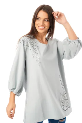 Long Sleeve Tunic Top with Floral Embroidery