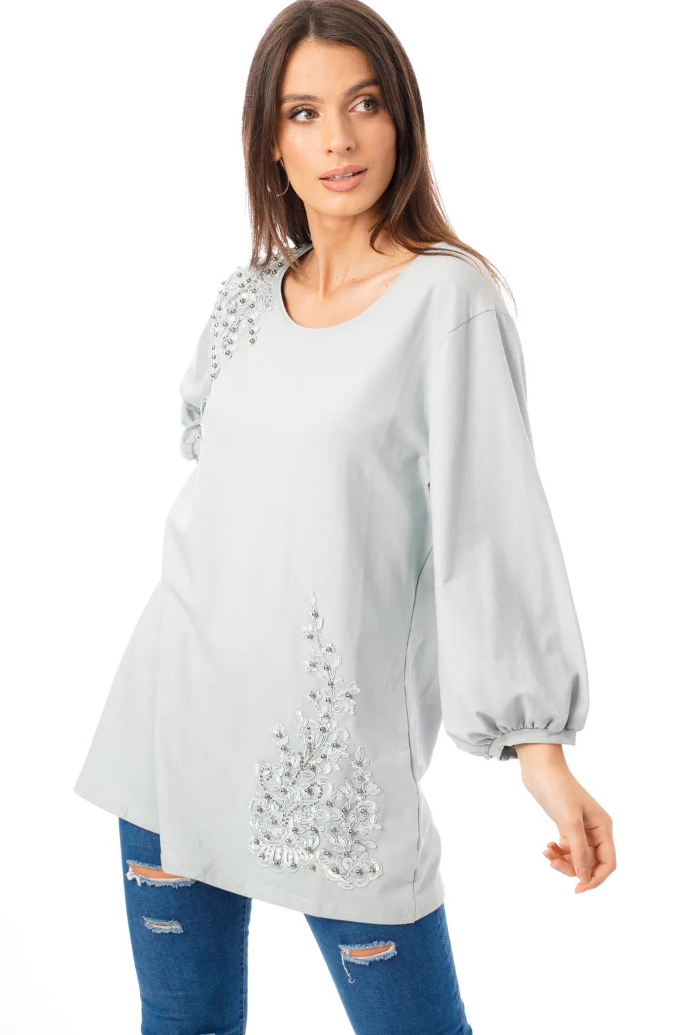 Long Sleeve Tunic Top with Floral Embroidery