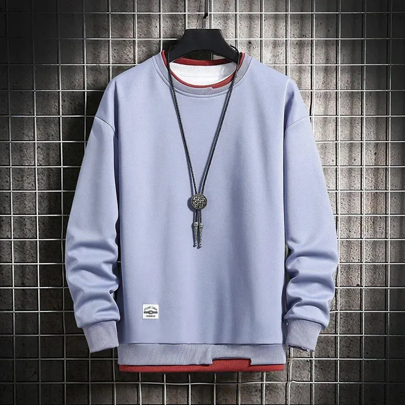 Mens Casual Sweatshirts Fashion Fake Two Pieces O Neck Hoodies Men Harajuku Streetwear Tops Spring Autumn Solid Male Sweatshirt