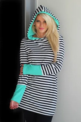 Mint and Black Striped Hooded Tunic