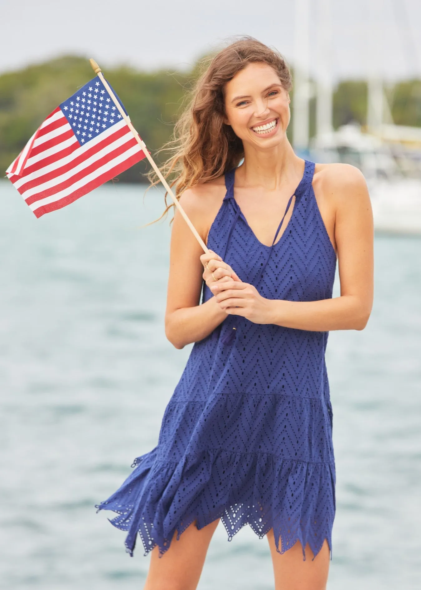 Navy Eyelet Halter Dress