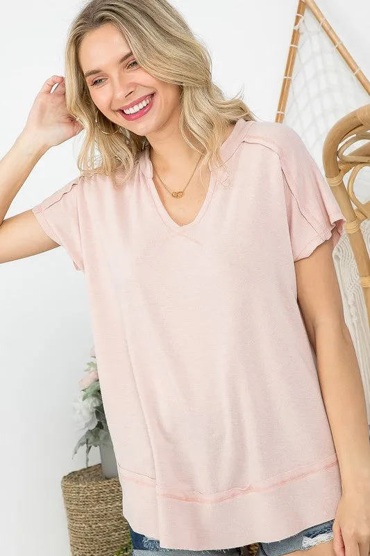 Plus Washed Terry Reverse Stitch Notched V-Neck Tee