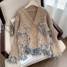 Pre Order:  Knitted Tassels V-Neck Single-Breasted Cardigan Jacket