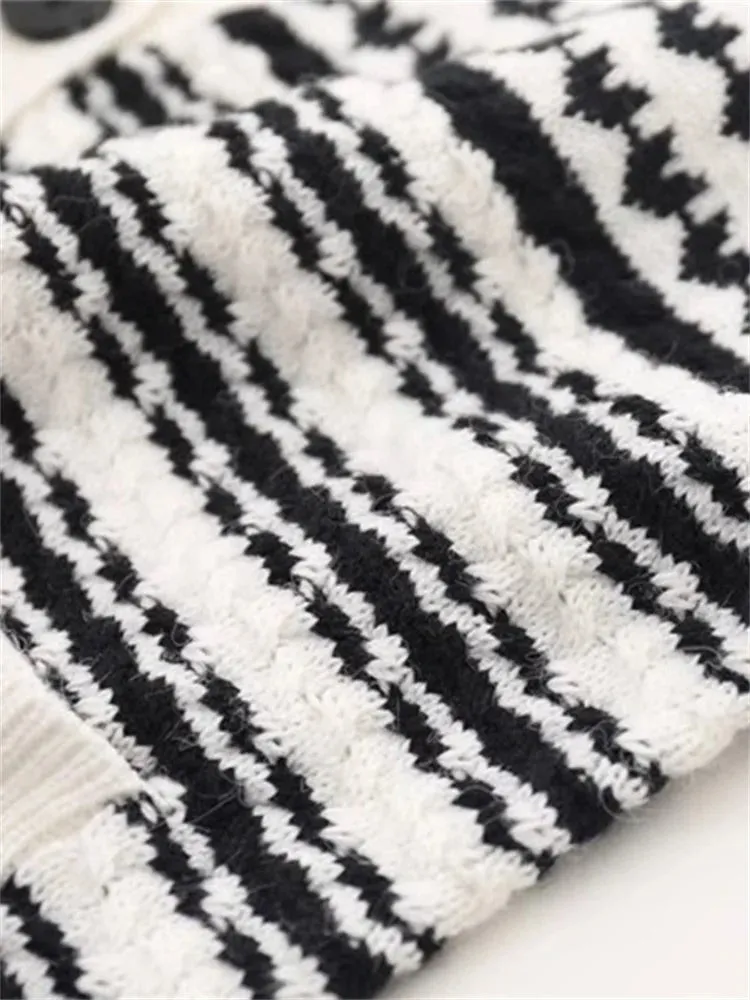 Pre Order:  White Knitted Stripes V-Neck Cardigan Sweater