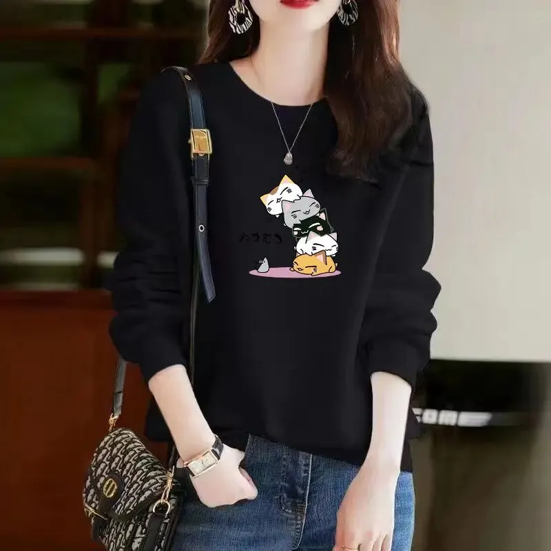 Spring Autumn Korean Style Kawaii Cartoon Panda Cat Print Long Sleeve Female Sweatshirt Casual Loose Pullover Top Women Clothing