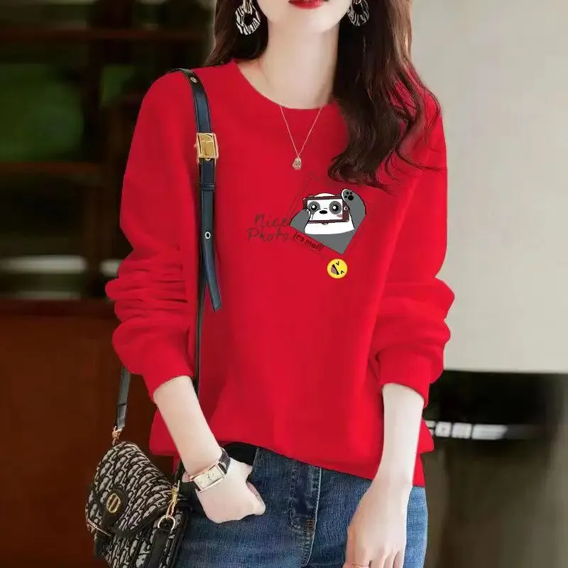 Spring Autumn Korean Style Kawaii Cartoon Panda Cat Print Long Sleeve Female Sweatshirt Casual Loose Pullover Top Women Clothing