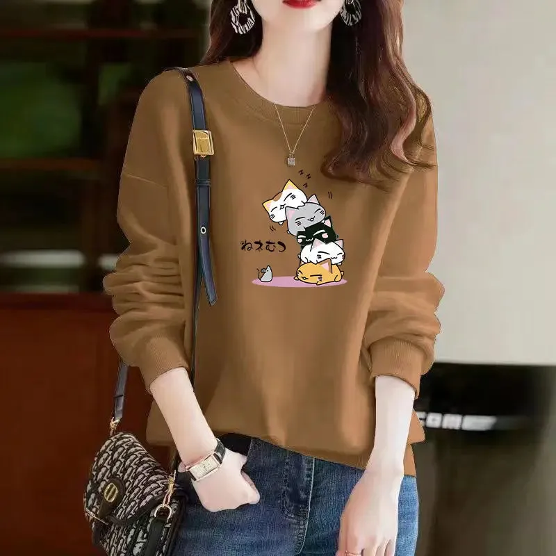 Spring Autumn Korean Style Kawaii Cartoon Panda Cat Print Long Sleeve Female Sweatshirt Casual Loose Pullover Top Women Clothing