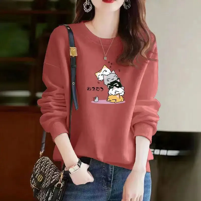 Spring Autumn Korean Style Kawaii Cartoon Panda Cat Print Long Sleeve Female Sweatshirt Casual Loose Pullover Top Women Clothing