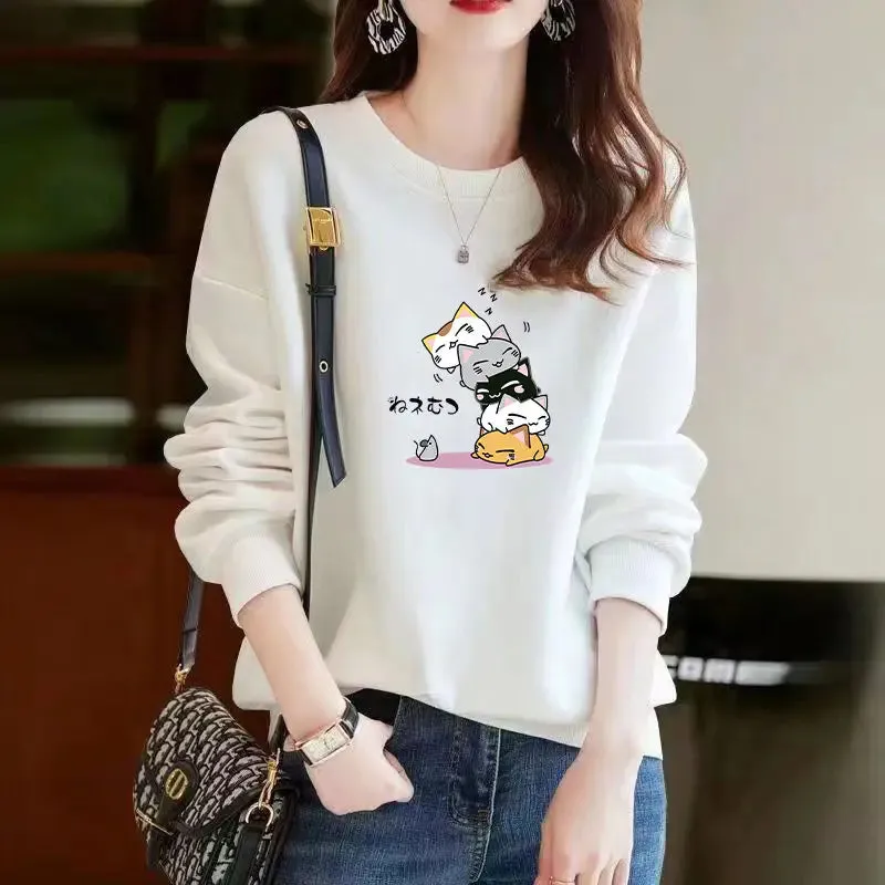 Spring Autumn Korean Style Kawaii Cartoon Panda Cat Print Long Sleeve Female Sweatshirt Casual Loose Pullover Top Women Clothing