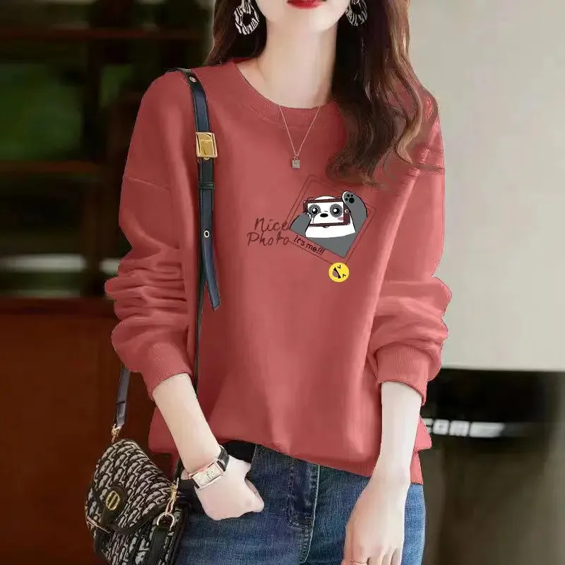 Spring Autumn Korean Style Kawaii Cartoon Panda Cat Print Long Sleeve Female Sweatshirt Casual Loose Pullover Top Women Clothing