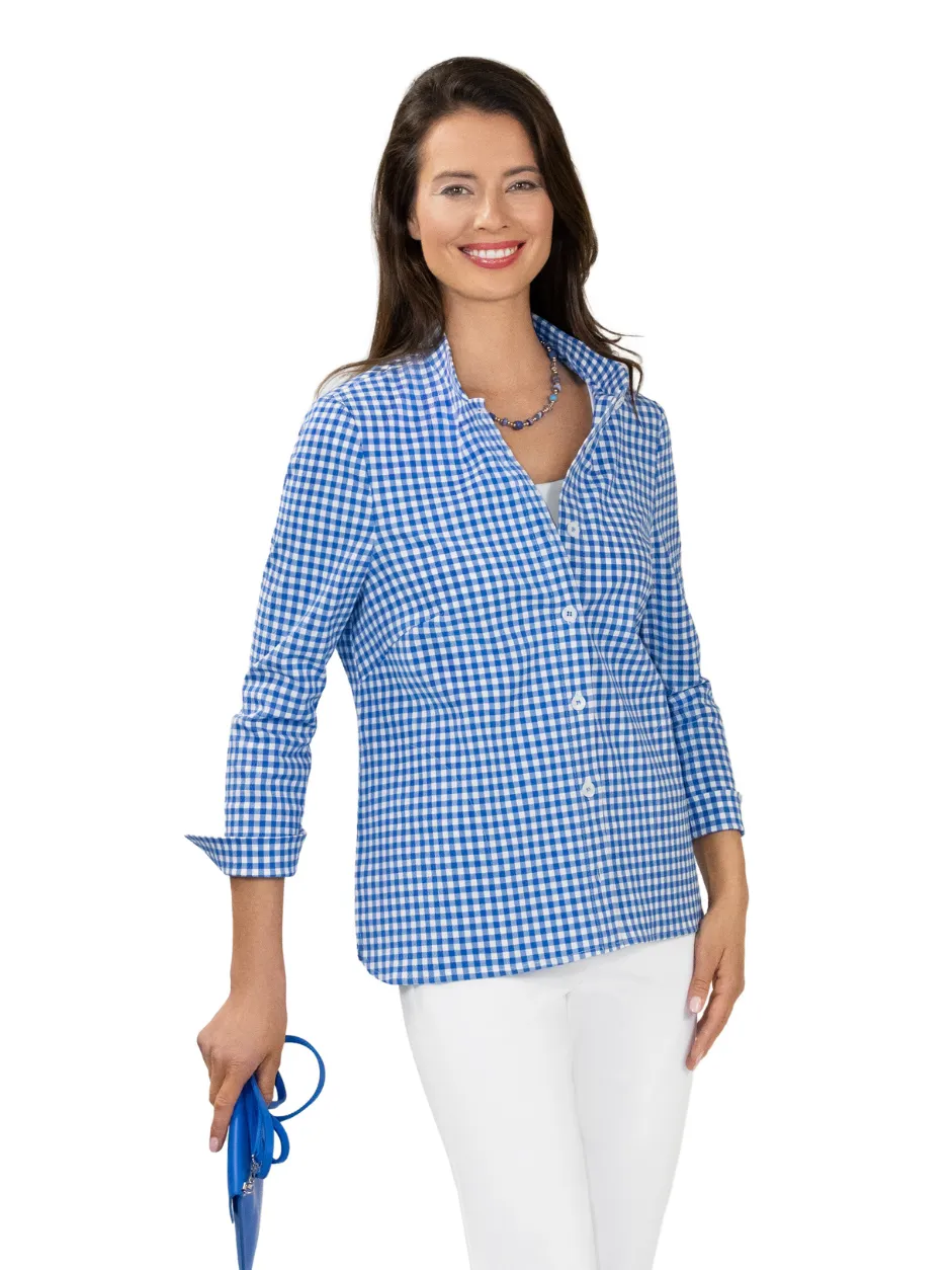 Stretch Seersucker Gingham Plaid Mandarin Collar Tunic