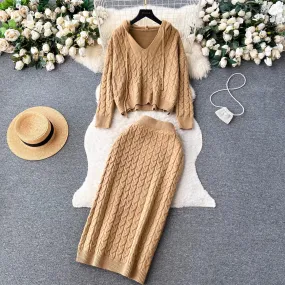 sweater suit for women casual top, mid-length skirt, knitted two-piece skirt     S4629